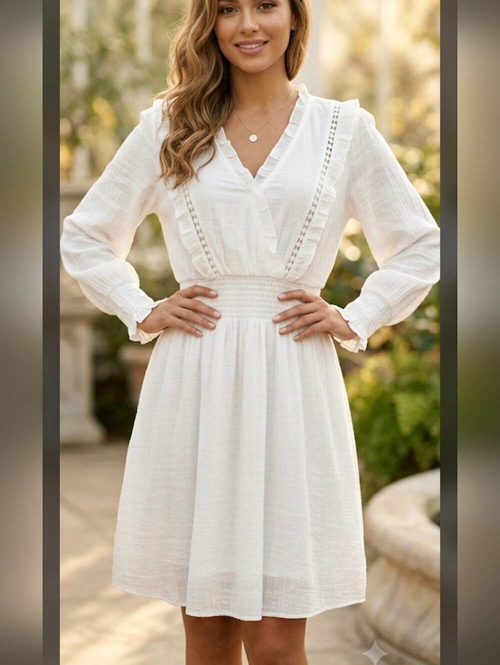 Kings Road White Ruffled V-Neck Smocked Waist Dress XL